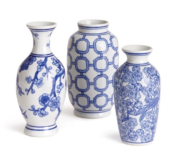 Blue & White Patterned Bud Vases