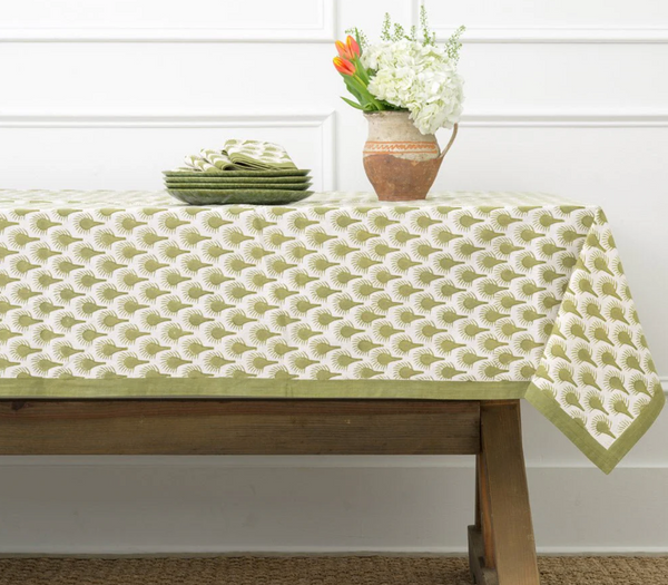 Geo Feather Moss 108" Round Tablecloth