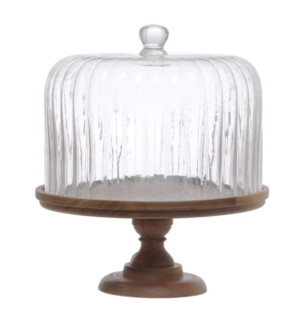 Acacia Wood Pedestal with Fluted Glass Cloche