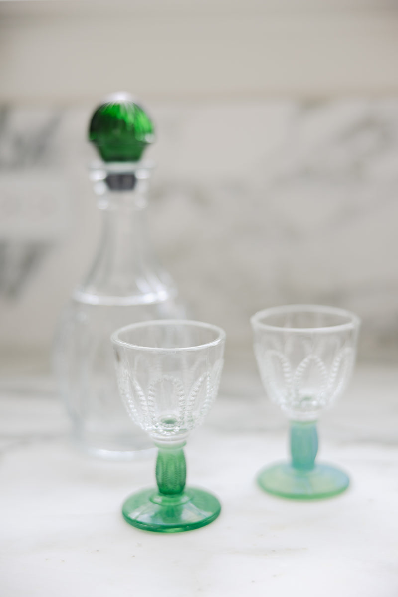 Etched Glass Green Decanter & Goblet Set